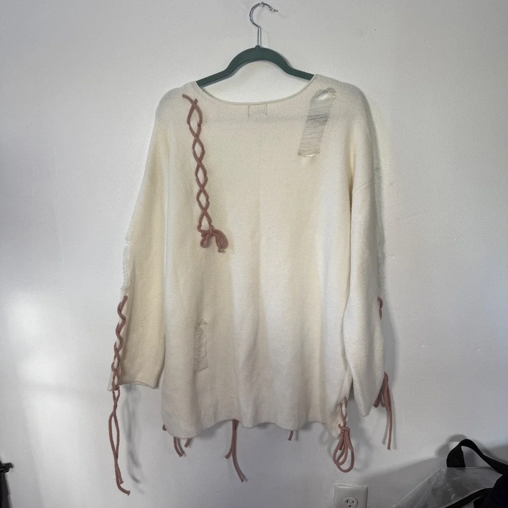 POL Cream Distressed Lace‎ Up Oversized Knit Sweater Pink Cord Detail S